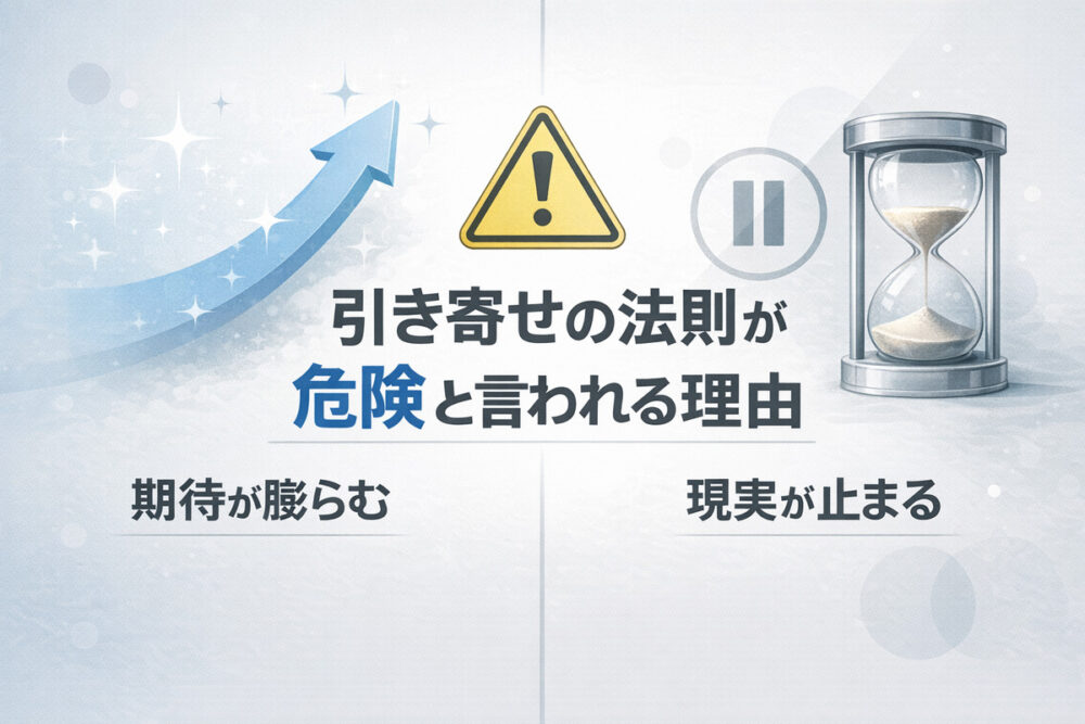 期待が膨らむイメージと現実が止まるイメージを左右で対比し、引き寄せの法則が危険と言われる理由を示す図解