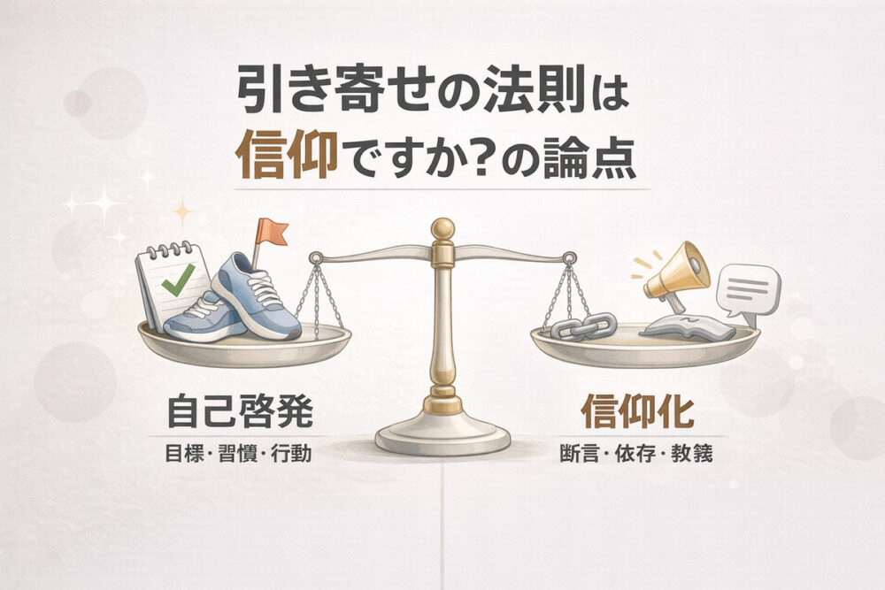 天秤で「自己啓発」と「信仰化」を比較し、引き寄せの法則は信仰かどうかの論点を整理した図解