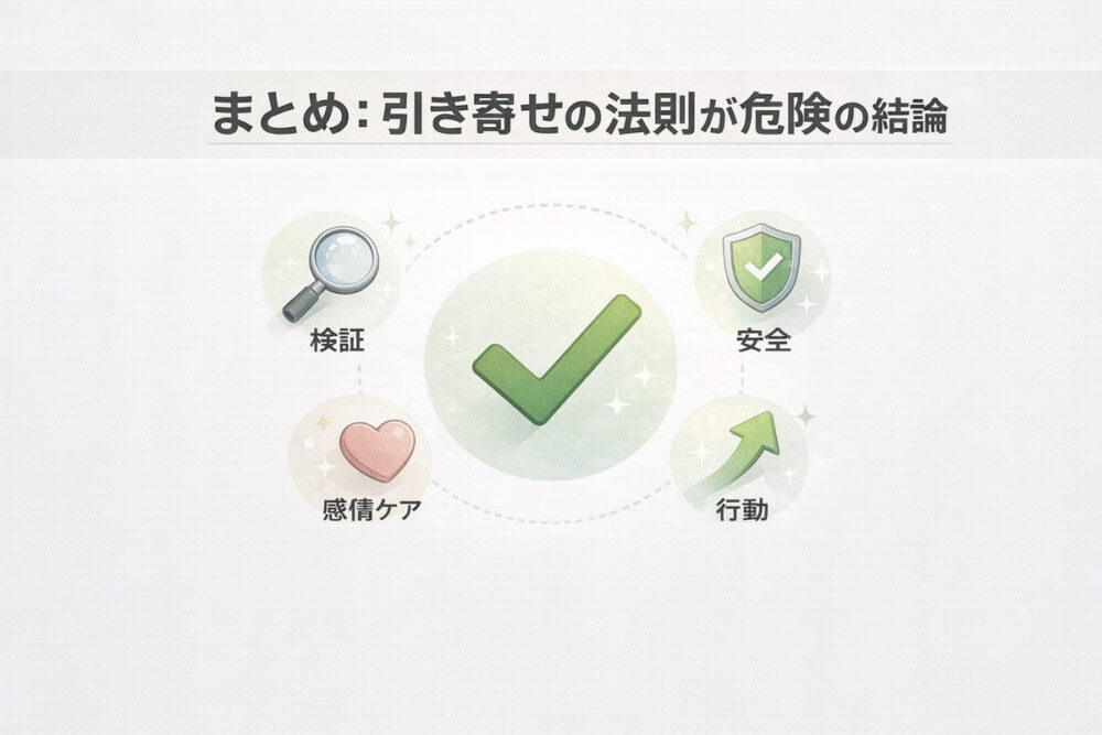 大きなチェックマークと「検証・安全・感情ケア・行動」の4アイコンで、引き寄せの法則の危険に関する結論をまとめた図解
