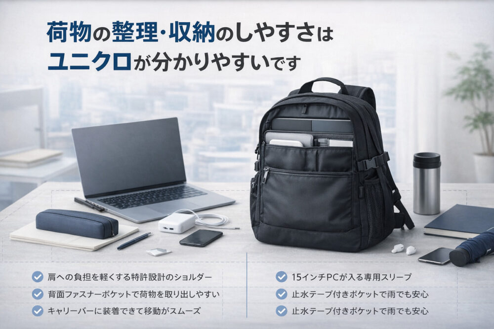 収納力や荷物の整理のしやすさはユニクロが分かりやすい