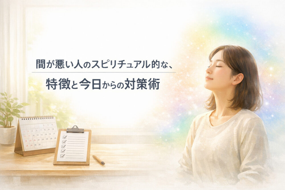 朝の光が差し込む部屋で深呼吸する人物と、デスク上のカレンダー・チェックリスト（間が悪い人 スピリチュアルのイメージ）