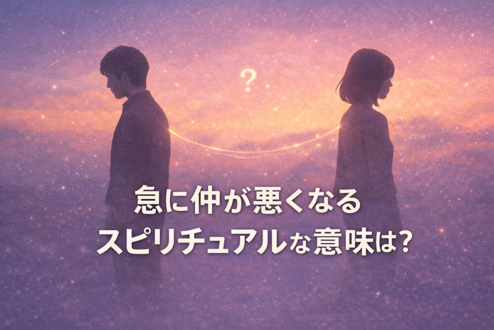 夕暮れのグラデーション背景で背中合わせに少し離れて立つ2人のシルエットと、間をつなぐ細い光の糸（急に仲が悪くなるスピリチュアルな意味）