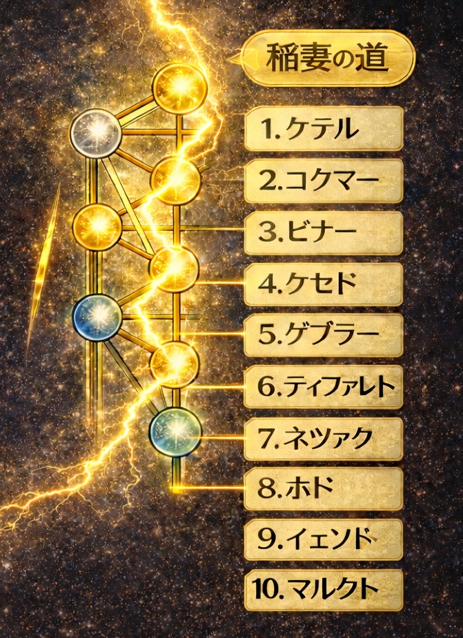 生命の樹の順番（稲妻の道）を示す図解イメージ。10のセフィロトを上から下へジグザグにたどる流れを表現