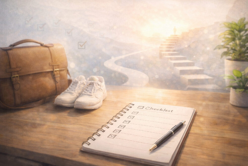 人生のステージが変わる前兆は行動で整えることを示す朝の整理されたデスクとチェックリストのイメージ